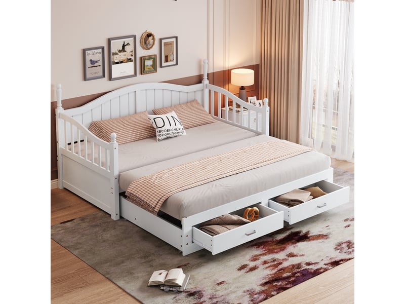  Lit gigogne 2 places 90180x190 cm, canapé-lit convertible en bois massif avec tiroirs et sommier, lit double en pin, blanc  - Conforama A