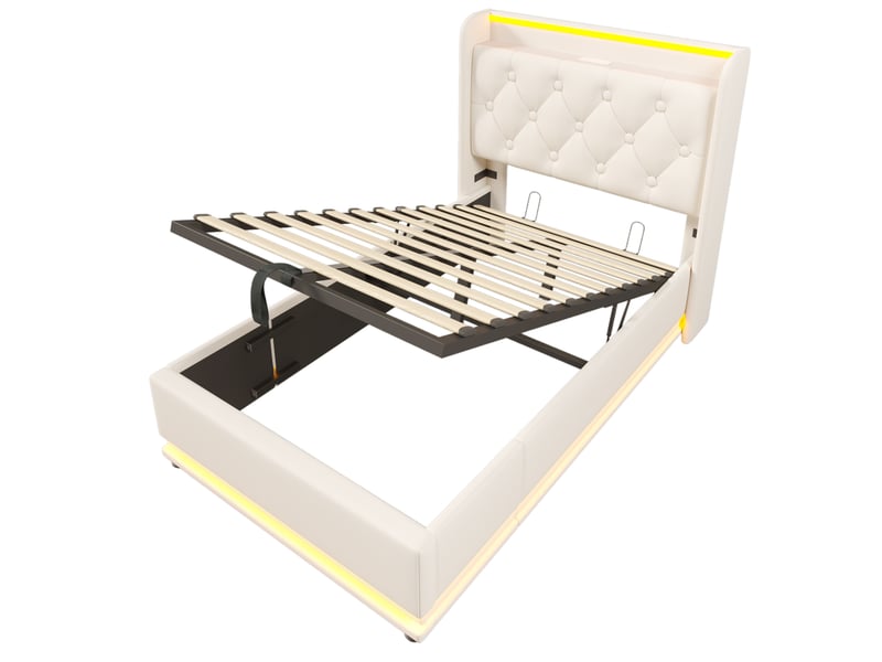 Lit enfant 90x200 cm – blanc – coffre hydraulique, led 360°, usb et type-c, avec matelas h3 à ressorts - Conforama D