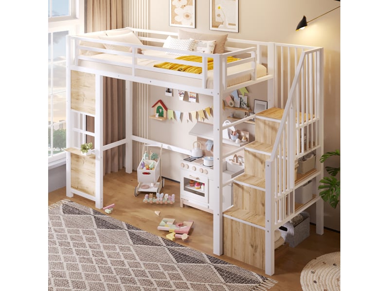  Lit mezzanine enfant 90x200 cm avec escalier de rangement blanc  - Conforama E
