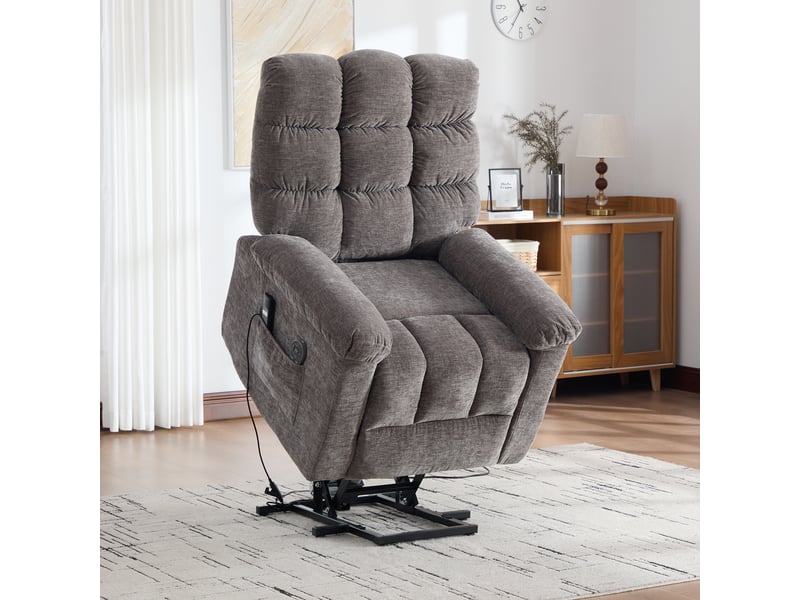 Fauteuil releveur électrique gris en tissu chenille, massage chauffant, dossier inclinable et repose-pieds pour salon - Conforama D