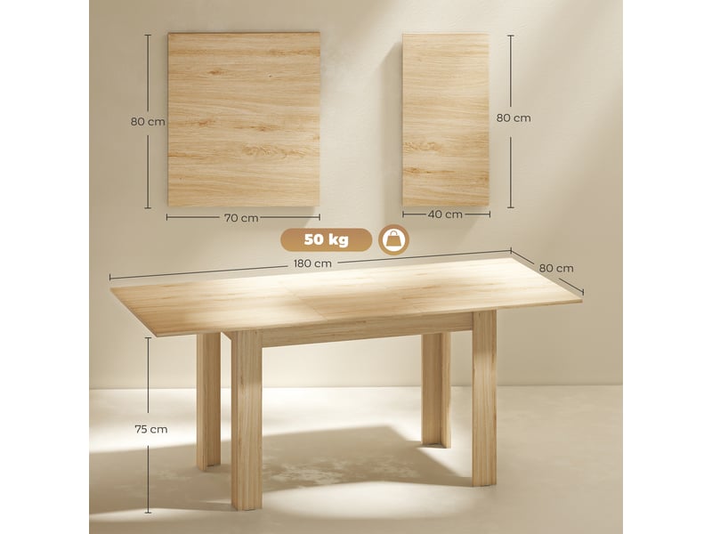 Table de salle à manger extensible pour 6 à 8 personnes, 140-180 x 80 cm, couleur bois - Conforama E
