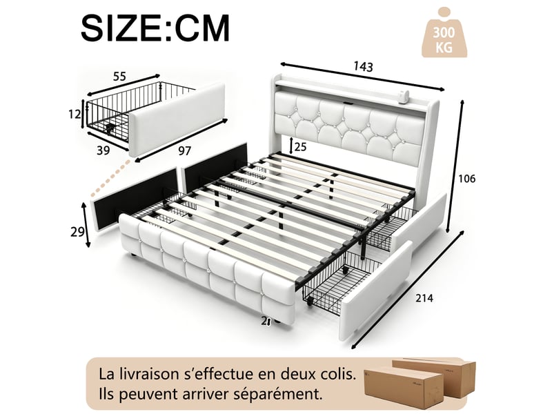  Lit 140x200 cm blanc avec 4 tiroirs rangement, led, ports usb+type-c sans matelas EBD859F-WH - Conforama D