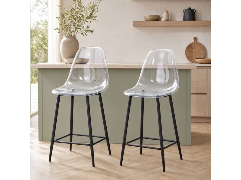  Tabouret de bar transparent avec repose-pieds et structure métallique, design moderne en plastique noir  - Conforama B