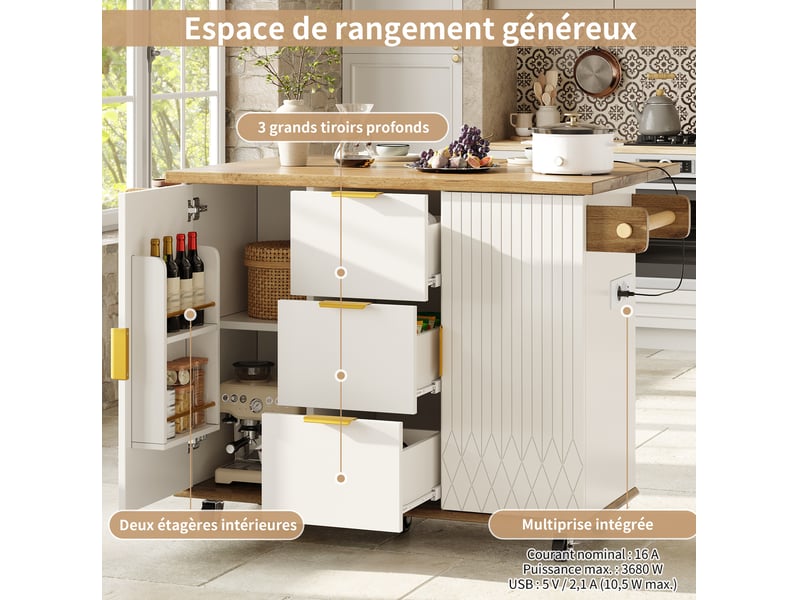 Îlot de cuisine mobile 134x46x88 cm avec roulettes, plan de travail rabattable, pour cuisine, en mdf et métal, blanc - Conforama D