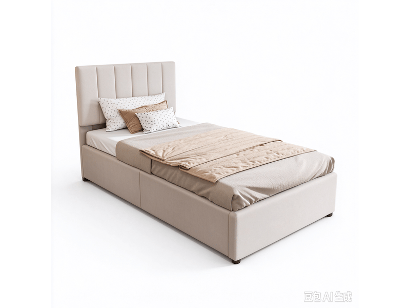 Lit enfant simple 90x200 cm avec rangements intégrés et tête de lit réglable en hauteur, tissu lin, beige, sans matelas - Conforama A
