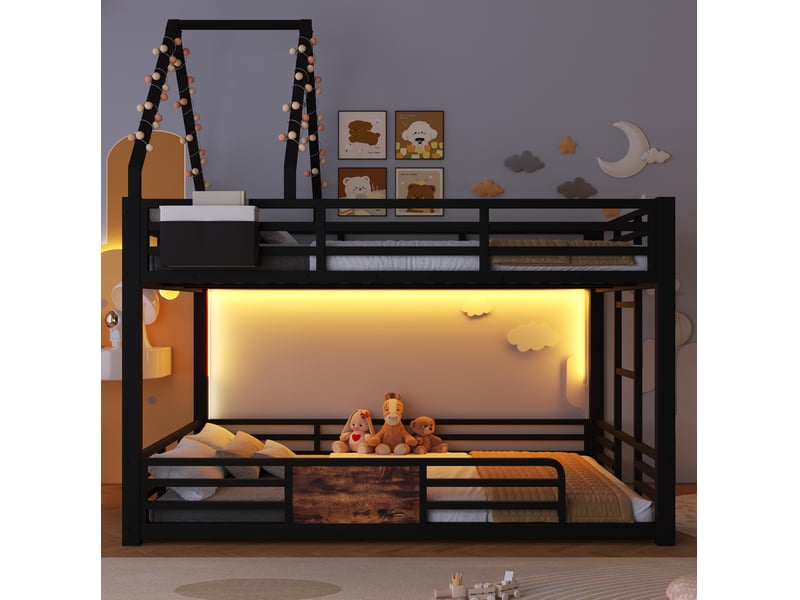  Lit superposé 140 x 200 cm en métal avec led, toit diy et poches de rangement noir  - Conforama D