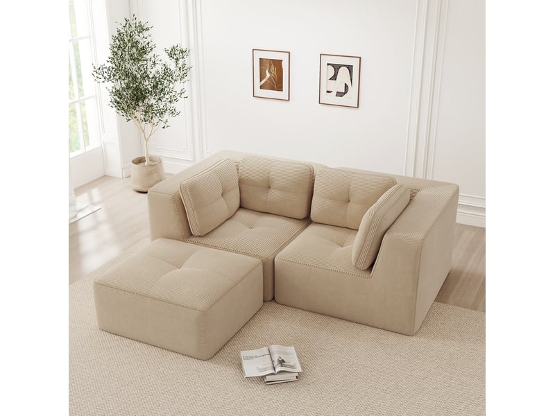 Canapé d'angle modulable 2 places avec repose-pieds mobile en velours côtelé beige - Conforama D