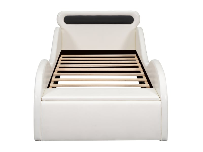  Lit enfant 90x200 cm en forme de voiture, roues lumineuses et rangement, blanc, sans matelas  - Conforama E