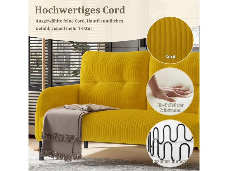  Canapé 2 places en velours côtelé jaune avec dossier haut et accoudoirs ergonomiques pour salon  - Conforama D