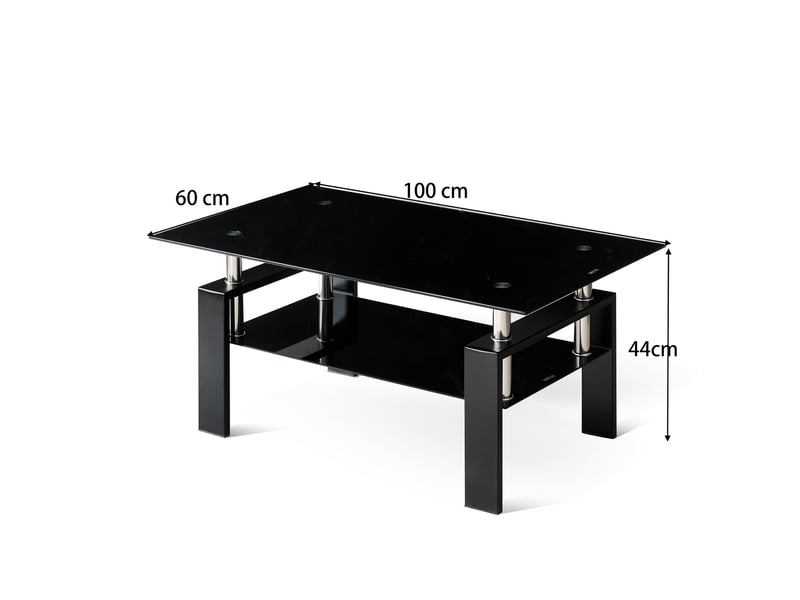  Table basse - 100x60x44cm - table de salon rectangulaire en verre trempé noir double plateau et pieds métal - noir  - Conforama E