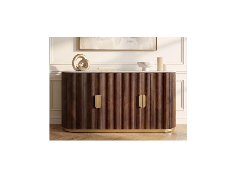  Buffet orion 140 cm en bois massif de manguier et marbre blanc – 4 portes – marron, blanc et doré  - Conforama E