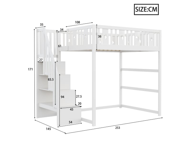  Lit mezzanine avec escalier 140x200 blanc en bois massif avec escalier, rampe sécurité et décoration étoile lune  - Conforama D