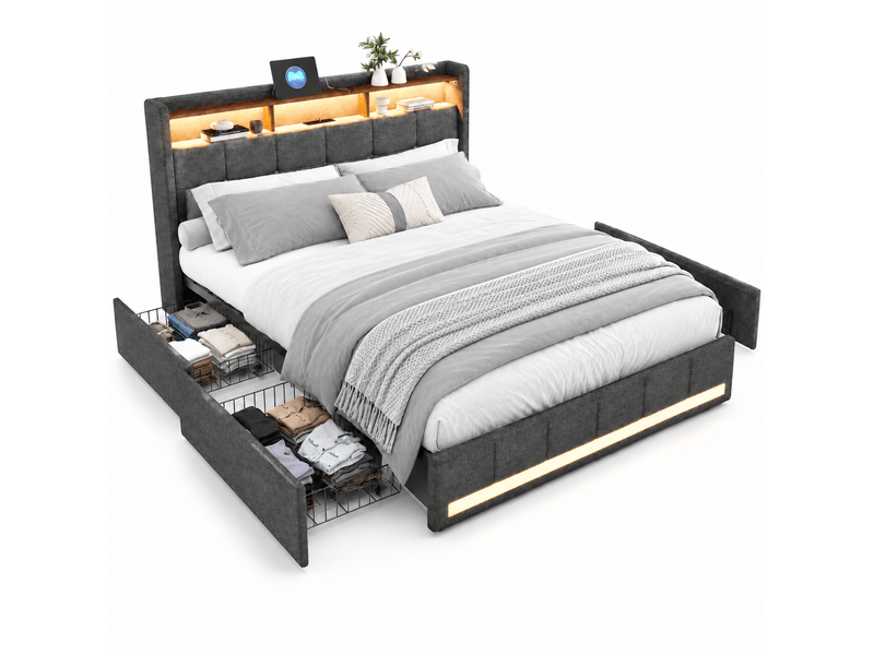  Lit double rembourré 160x200 cm avec éclairage led, lit 2 place avec 4 tiroirs et usb, sommier à lattes en bois  - Conforama A