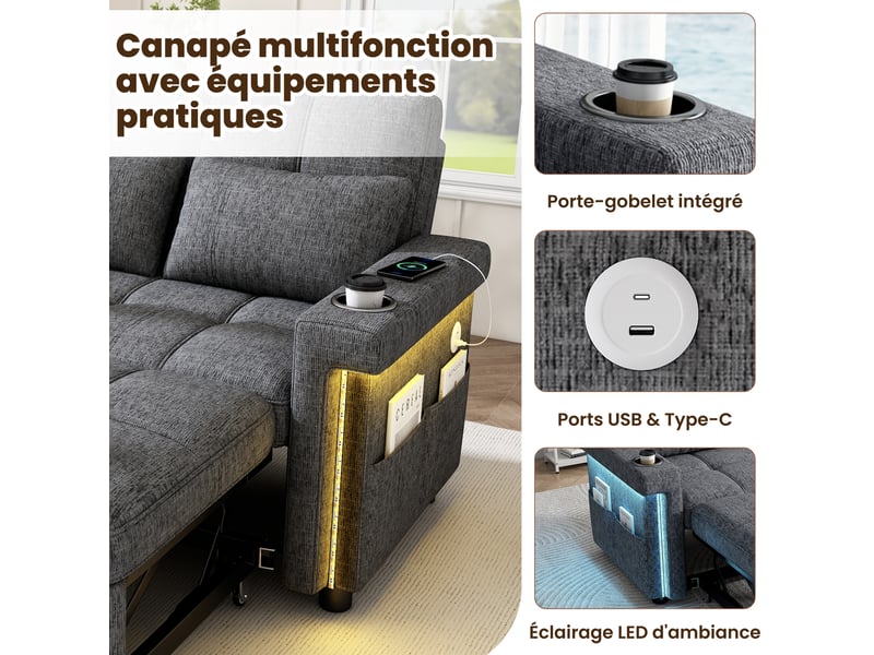  Canapé convertible 2 places 145 x 141,5 cm, led, usbtype-c, dossier réglable, porte-gobelets, poche latérale, chenille - gris  - Conforama E