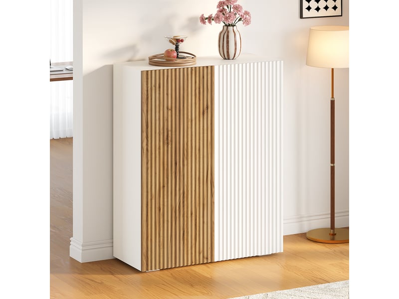  Buffet haut 78x35x110cm, 2 tablettes ajustables, 2 portes rainurées 3d, 3 niveaux de rangement, mdf et panneaux de particules, blanc et effet chêne  - Conforama B