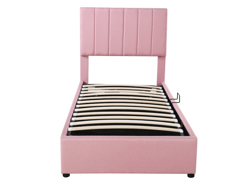  Lit adulte et enfant 90x200cm, lit coffre, lit 1 place avec tête de lit réglable  et sommier, lin rose, sans matelas  - Conforama R