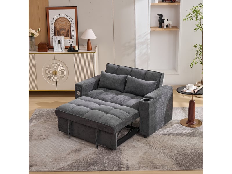  Canapé convertible 2 places avec dossier réglable, prises usb et type-c, tissu gris  - Conforama D
