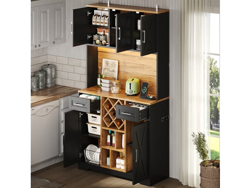  Buffet haut de cuisine 105x40x180 cm naturel et noir, mdf avec led rgb, 2 tiroirs et casier à vin amovible  - Conforama B