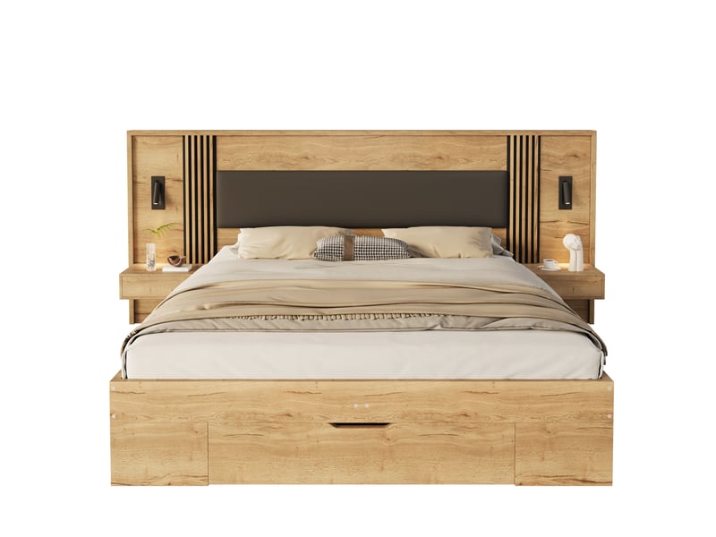  Lit coffre modenvie 180 x 200 cm avec matelas sommier inclus liseuses 2 tables de chevet tiroir rangement coloris naturel  - Conforama A