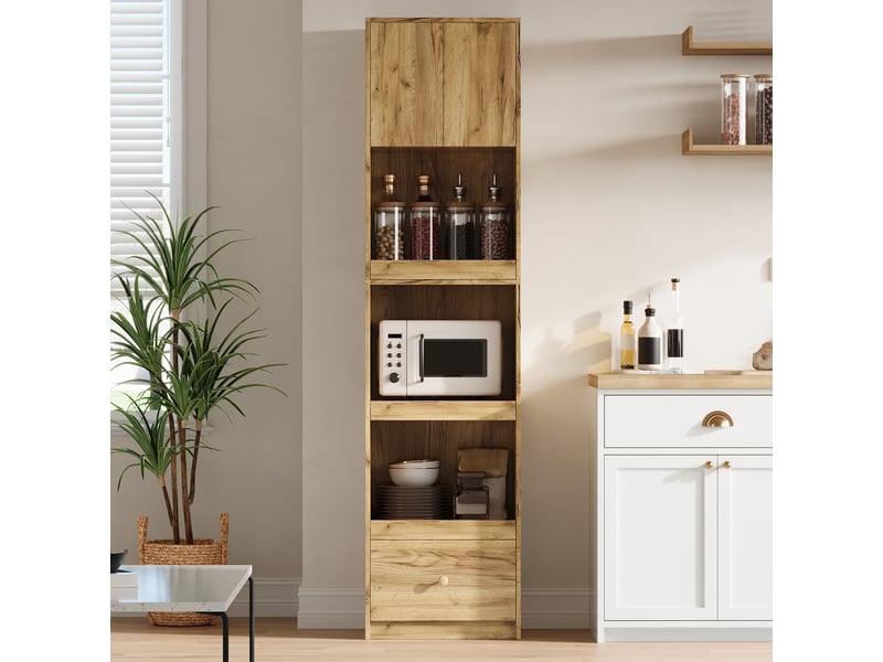  Armoire de cuisine micro-ondes 50x45x200 cm - 2 portes - 3 paniers coulissants - 1 tiroir - mdf - bois naturel  - Conforama B