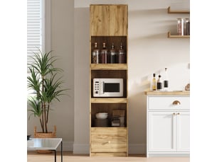 Armoire de cuisine micro-ondes 50x45x200 cm - 2 portes - 3 paniers coulissants - 1 tiroir - mdf - bois naturel