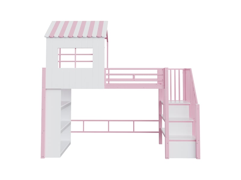  Lit mezzanine maisonnette métal rose 90x200 cm, barrière haute, étagères et escalier réversible  - Conforama A