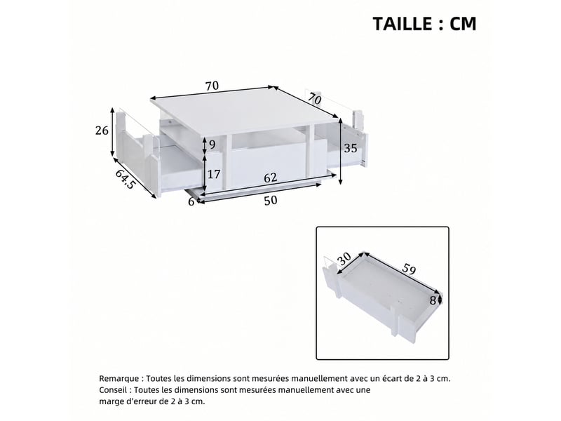 Table basse carrée blanche brillante, led, 2 tiroirs et rebords en acrylique, 70 x 70 x 35 cm, blanc - Conforama E