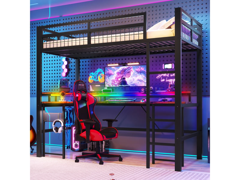 Lit mezzanine avec bureau 90x200 cm, led et 2 prises, lit surélevé avec ports usb et usb-c, panneau perforé, métal et mdf, noir - Conforama B