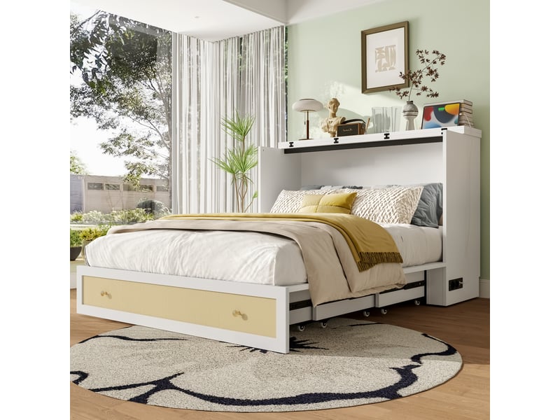  Lit escamotable mobile 140x200 cm avec tiroirs de rangement au pied, étagère en tête de lit, ports usb et prise électrique, pin et mdf, blanc  - Conforama C