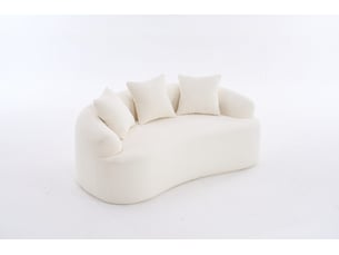 Canapé droit modulable 2 places incurvé avec 3 coussins décoratifs, assise profonde en chenille blanc cassé