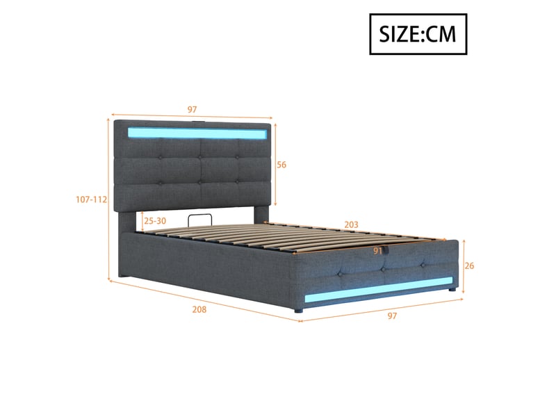  Lit simple enfant 90x200 cm – gris – rangement hydraulique, led rgb, usb et tête de lit réglable, sans matelas  - Conforama C