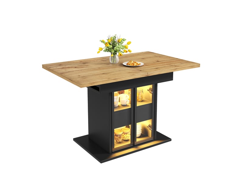  Table extensible avec 2 tiroirs, portes vitrées et led pour salle à manger 110–140×80×77,9 cm noir  - Conforama A
