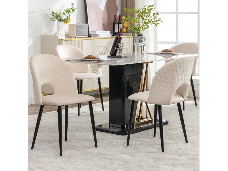  Lot de 4 chaises de salle à manger en velours beige, pieds réglables en métal et dossier à motif losanges  - Conforama D
