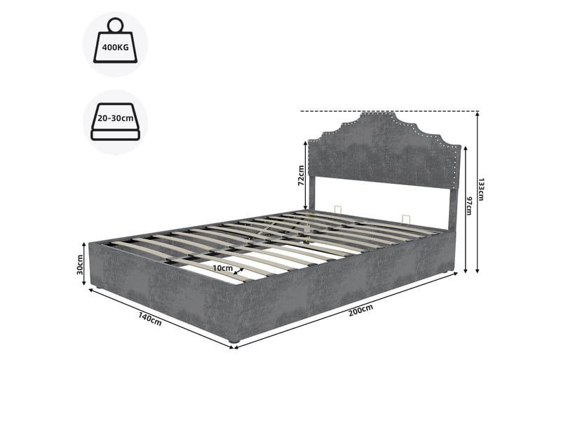  Lit 140x200 cm gris moderne — tête de lit moelleuse et coffre à gaz — sans matelas  - Conforama C