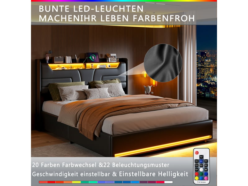  Lit coffre 140x190 avec led, lit 2 places avec rangement et ports usb lit hydraulique avec tête de lit capitonné lit double rembourré avec sommier à lattes lit 2 personnes noir pu, sans matelas  - Conforama D