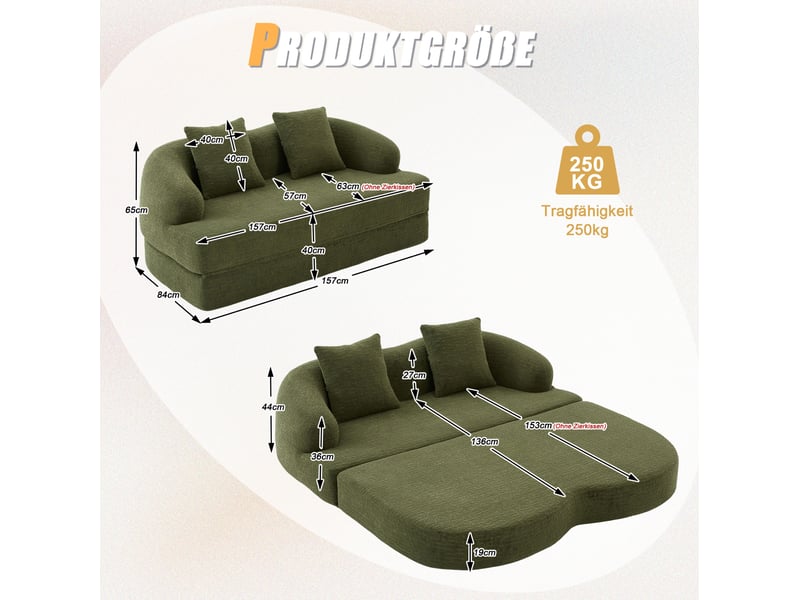 Canapé modulaire 2 pl 157x84x65cm, deux coussins, mousse à haute densité, prêt à installer, pour salon bureau, chenille, vert - Conforama C