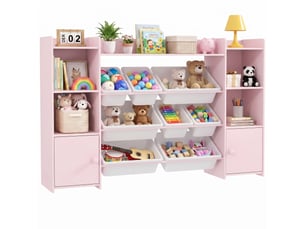 Meuble rangement enfant, étagère de rangement pour jouets enfants avec 8 bacs amovibles, 140 x 30 x 90 cm, rose