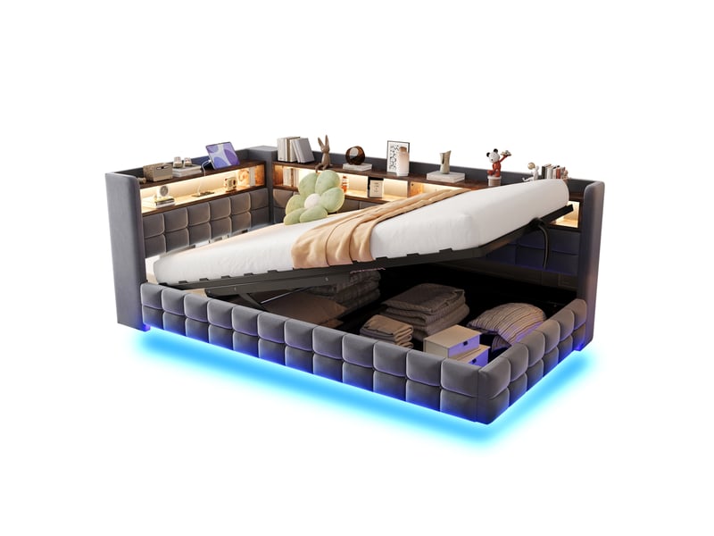  Lit coffre 90x200 cm, velours, prises et port usb et type c, coloris gris foncé, espace de stockage caché  - Conforama A