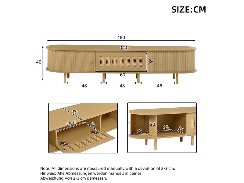  Meuble tv 180x40x40 cm portes à rideau mdf naturel  - Conforama E