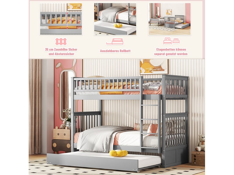Lit superposé 3 couchages 90x200 cm, lit avec lit tiroir, escalier stable, garde-corps haut, bois gris, sans matelas - Conforama D