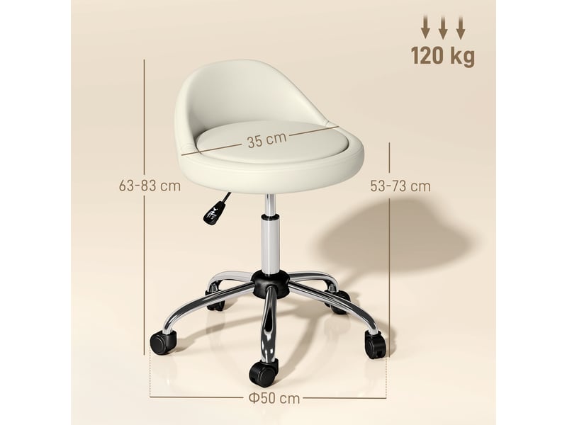  Tabouret à roulettes de travail pivotant 360° avec hauteur réglable 53-73 cm et revêtement synthétique blanc  - Conforama C