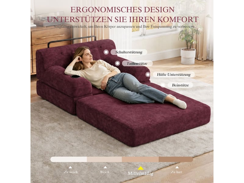  Canapé-lit 1 place 2 porte-gobelets couchage d'appoint dossier haut cadre métallique mousse haute densité velours côtelé format compressé 4 poches latérales coloris rouge vin  - Conforama E