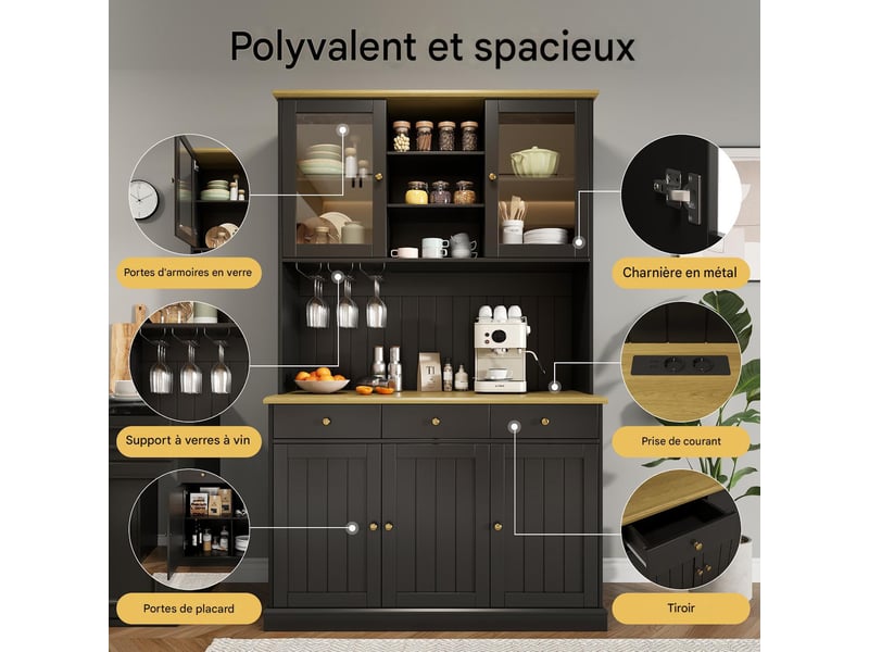 Buffet haut 190 cm avec porte-gobelet et étagères réglables buffet en bois avec rangement multifonctionnel 2 prises et usb-ac noir Sol Morn - Conforama E