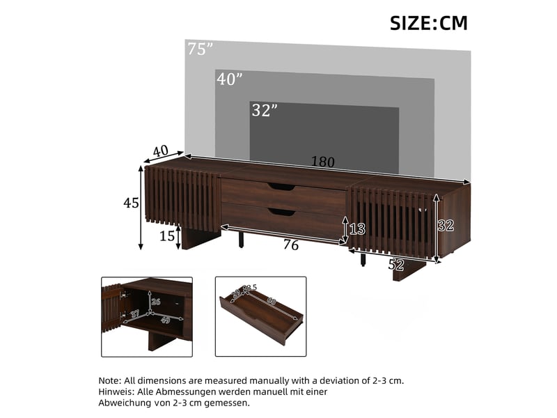  Meuble tv moderne 75, avec grand espace de rangement, 180×40×45 cm, pour salon et chambre, couleur noyer  - Conforama C