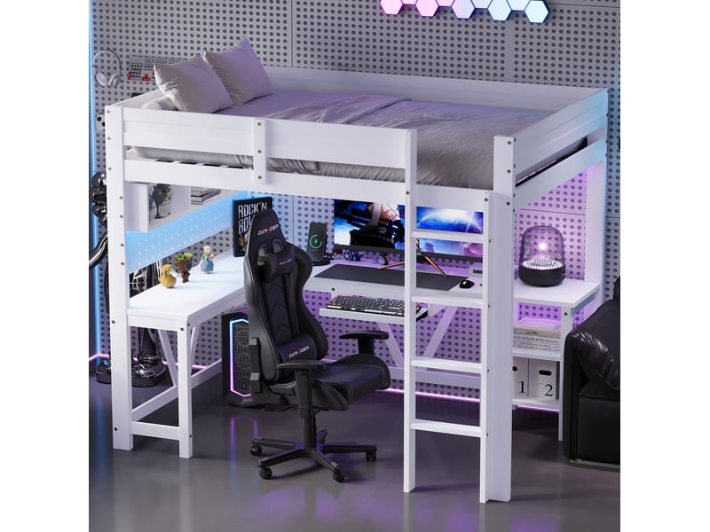 Lit mezzanine gaming 90x200 cm blanc, avec bureau, rangements, led 7 couleurs, 2 prises, 2 usb, sommier inclus, sans matelas - Conforama W