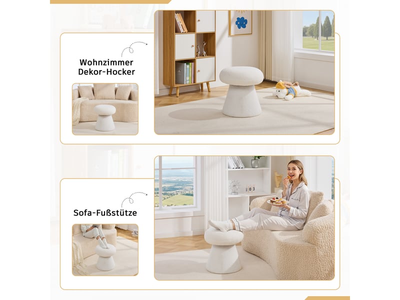 066-tabouret pivotant moderne pour salon chambre à coucher, tabouret rembourré en tissu teddy en forme de champignon créatif avec rotation à 360°, DE-DK-066 WHT - Conforama E