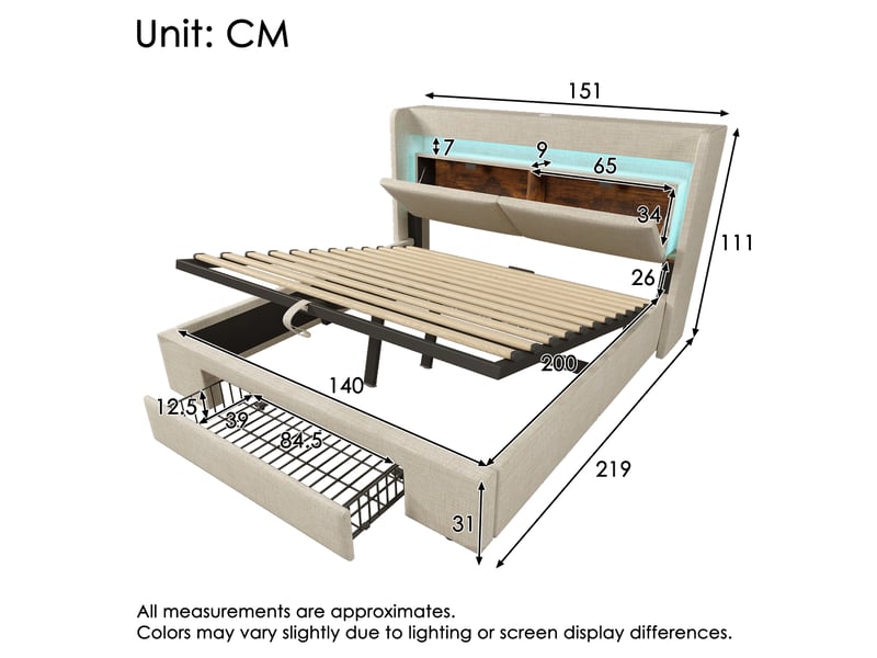  Lit coffre 140 x 200 cm beige en lin avec matelas, led, rangements et ports usbusb-c  - Conforama E