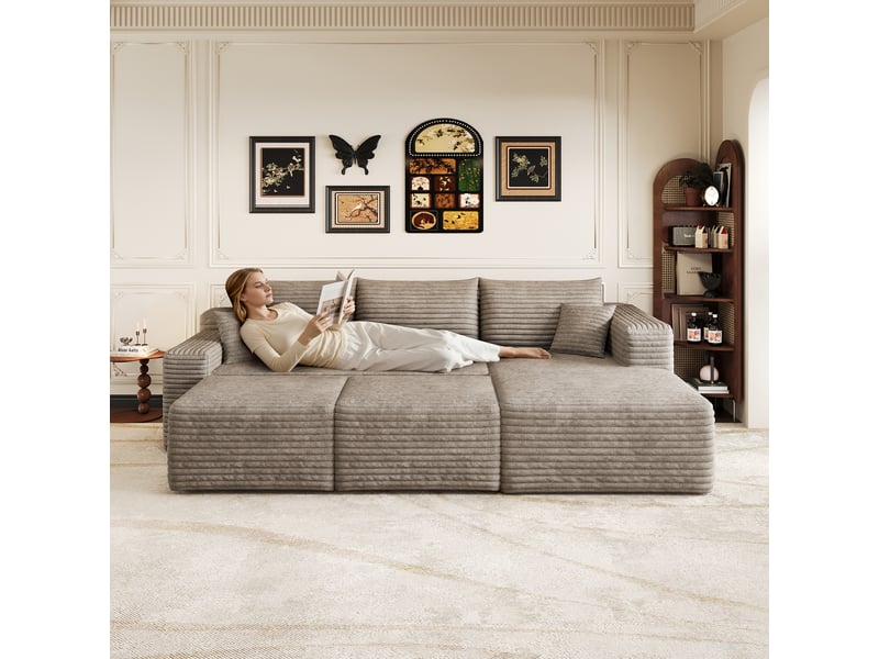  Canapé d'angle modulaire 3 places avec 2 poufs 241 x 151 x 58 cm, assise profonde, design nuage, velours côtelé, chameau Bliss Lite - Conforama D