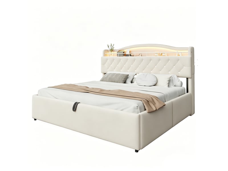  Lit capitonné 180*200 cm beige, coffre hydraulique, led, usb-c, tête avec rangements et cadre métal stable  - Conforama A