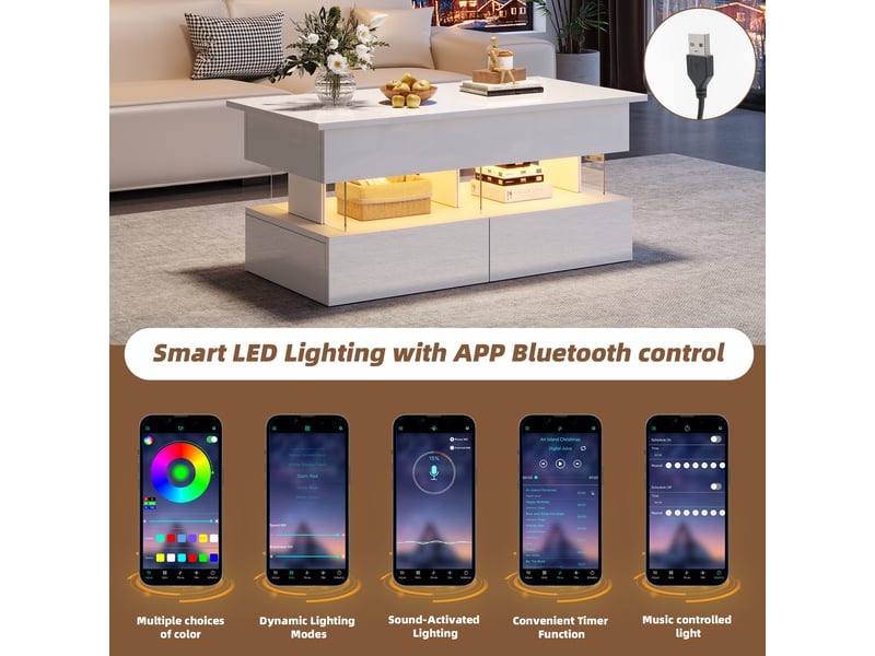  Table basse, à plateau relevable, avec éclairage led, avec 2 tiroirs, 100 x 50 x h 46–60 cm, blanc, rangement pratique, finition brillante, pour salon Luxe haut de gamme - Conforama D